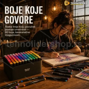 Dvostrani Flomasteri – Set 60 Boja sa Futrolom za Crtanje i Bojenje