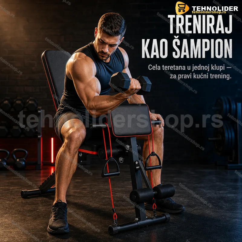 Fitnes klupa podesiva sa nosačem za biceps i ekstenzijom za noge Fitnes klupa podesiva sa nosačem za biceps i ekstenzijom za noge