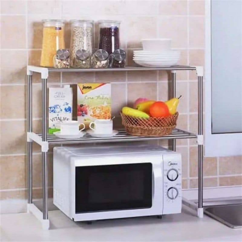 Inox polica na dva nivoa za prostor iznad mikrotalasne inox podesiva polica za mikrotalasnu - prednja strana