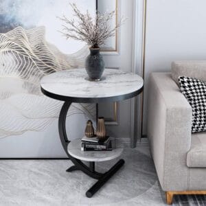 Okrugli pomoćni stočić beli dvonivo mermer 62×40×30 cm