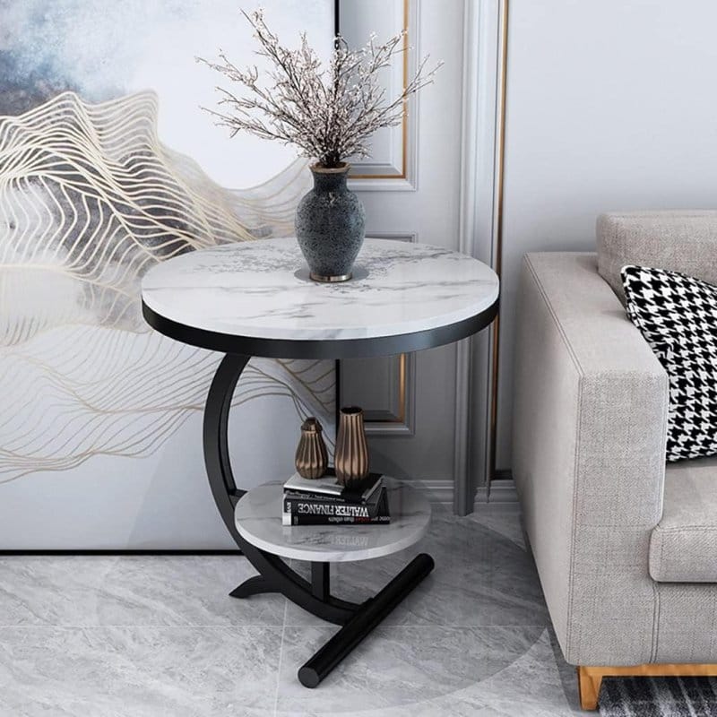 Okrugli pomoćni stočić beli dvonivo mermer 62×40×30 cm beli dvostruki stočić - prednja strana