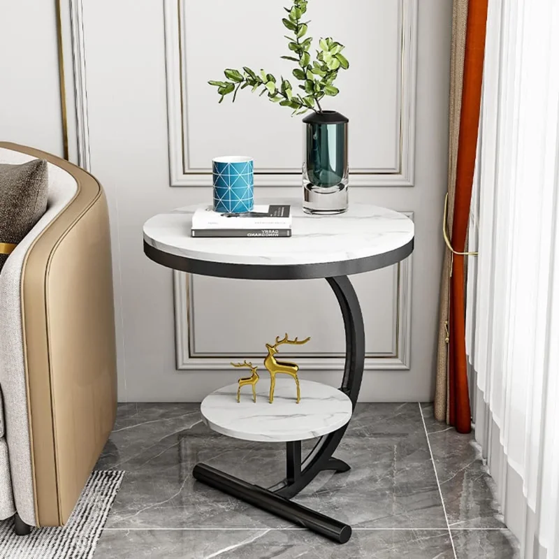Okrugli pomoćni stočić beli dvonivo mermer 62×40×30 cm beli dvostruki stočić - detalji