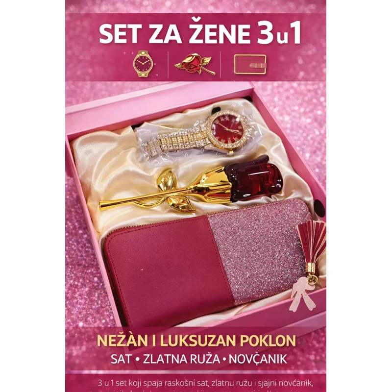 Poklon set za žene 3u1 — sat, parfem i novčanik u kutiji ženski poklon set - prednja strana