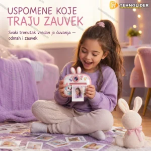 Roze fotoaparat sa štampačem za decu — motiv zeke