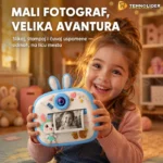 Plavi dečji fotoaparat sa štampačem i motivom zeke — IPS ekran