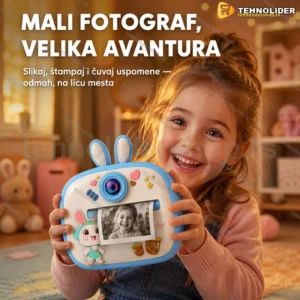 Plavi dečji fotoaparat sa štampačem i motivom zeke — IPS ekran