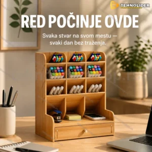 Stoni organizator sa fiokom i 9 pregrada — drvo