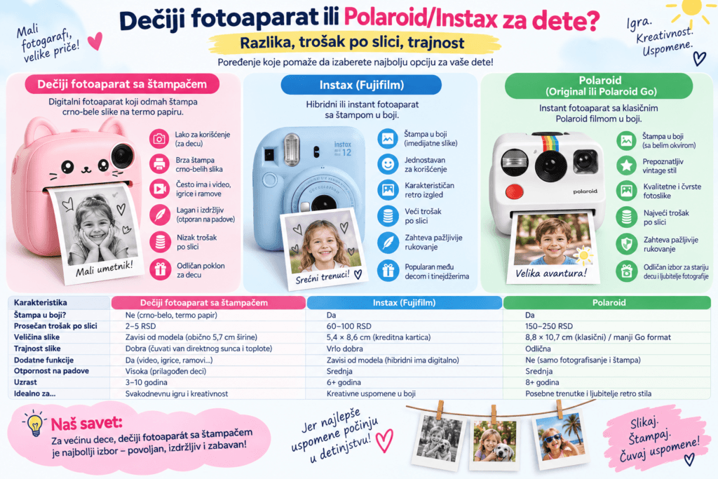 Dečiji fotoaparat ili Polaroid/Instax za dete: razlika, trošak po slici, trajnost
