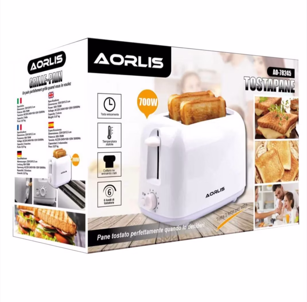 AORLIS Toster 700W za hleb AO-78245 — beli, 6 nivoa pečenja AORLIS toster za hleb 700W - prednja strana
