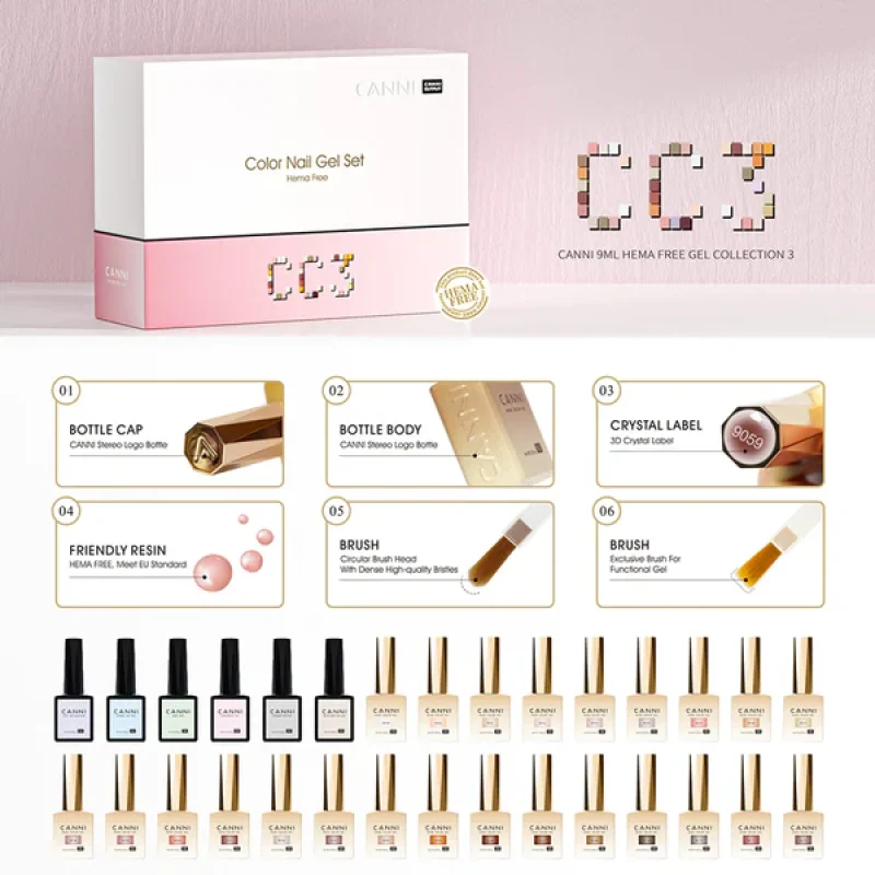 CANNI CC3 gel lak set 30 bočica po 9 ml HEMA free CANNI CC3 set gel lakova - detalji