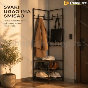 Crni metalni ugaoni cipelarnik sa čivilukom 45x45x180 cm