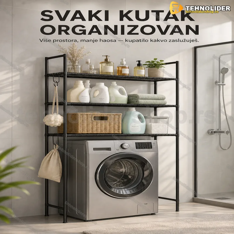 Metalna polica iznad veš mašine sa kukicama 138×81×25 cm Metalna polica iznad veš mašine sa kukicama 138×81×25 cm