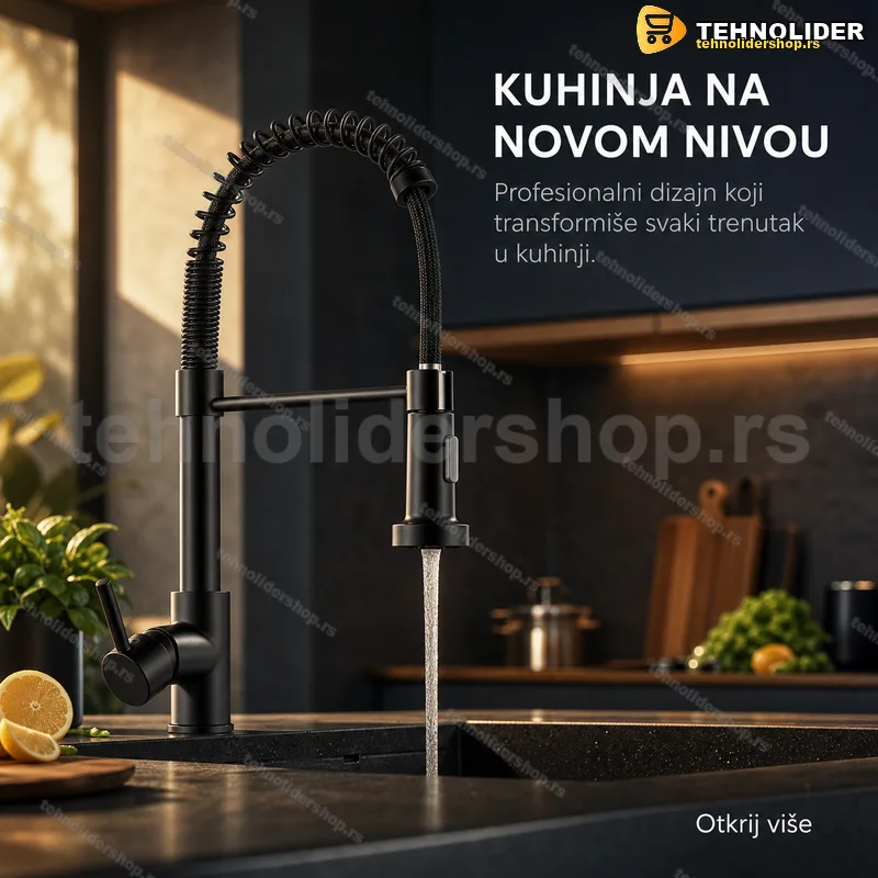 Profesionalna crna slavina za kuhinju sa oprugom i dve lule Profesionalna crna slavina za kuhinju sa oprugom i dve lule