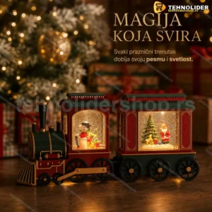 Dekorativna lokomotiva Deda Mraz sa irvasima — svetlo i muzika
