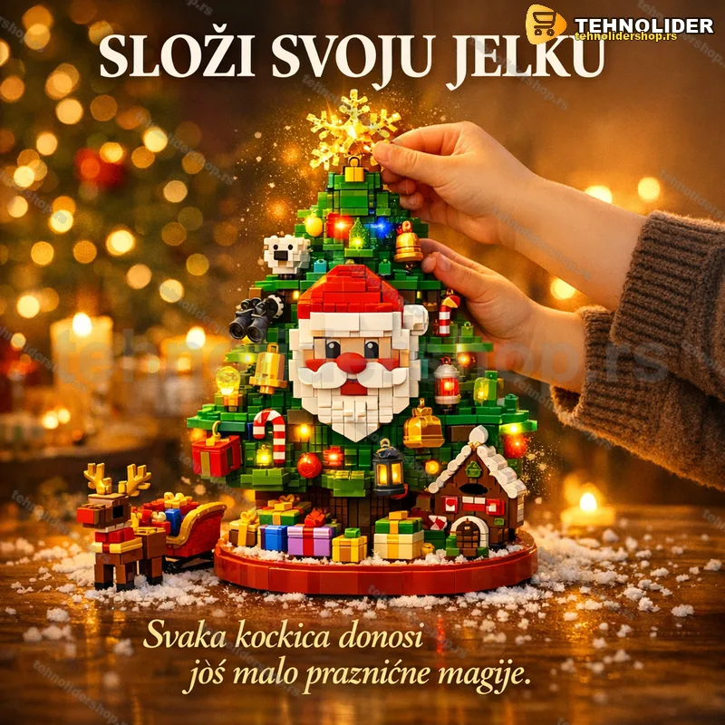 Jelka od kockica sa Deda Mrazom, sankama i osvetljenjem Jelka od kockica sa Deda Mrazom, sankama i osvetljenjem