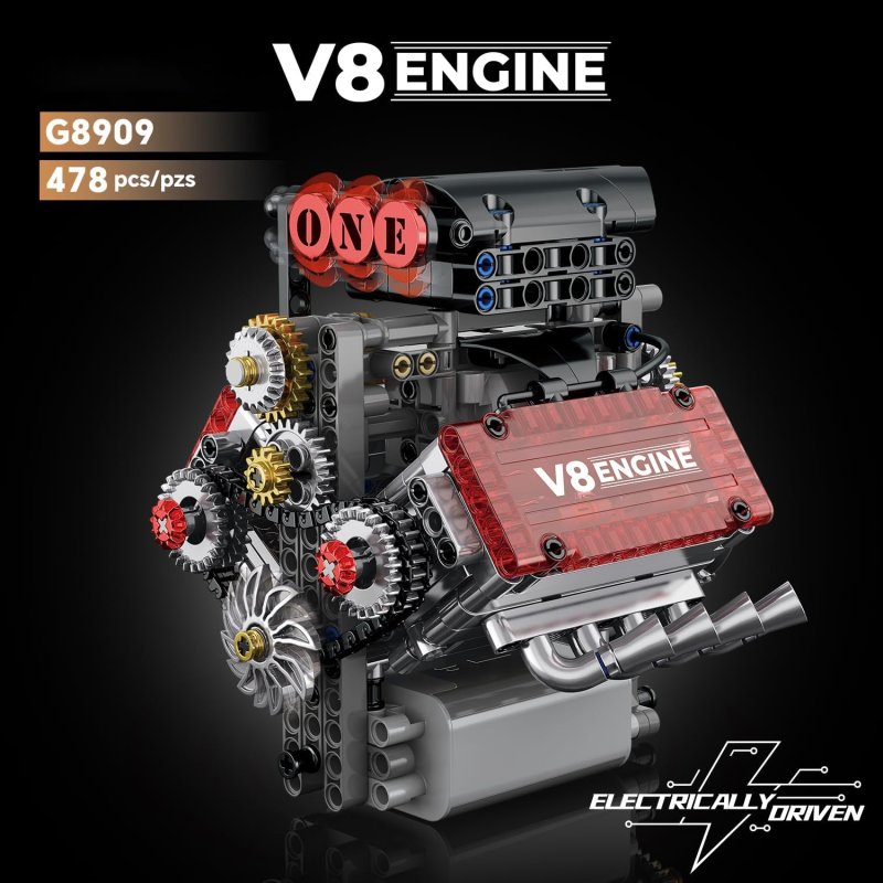 Model V8 motora od kockica sa pokretnim klipovima — 478 delova model V8 motora od kockica - prednja strana