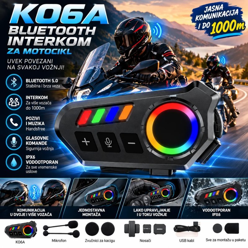 Motociklistički interkom K06A sa mikrofonom i redukcijom buke interkom za motocikl k06a - prednja strana