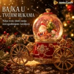 Muzička staklena kugla s kočijom — Deda Mraz i Sneško, LED svetlo
