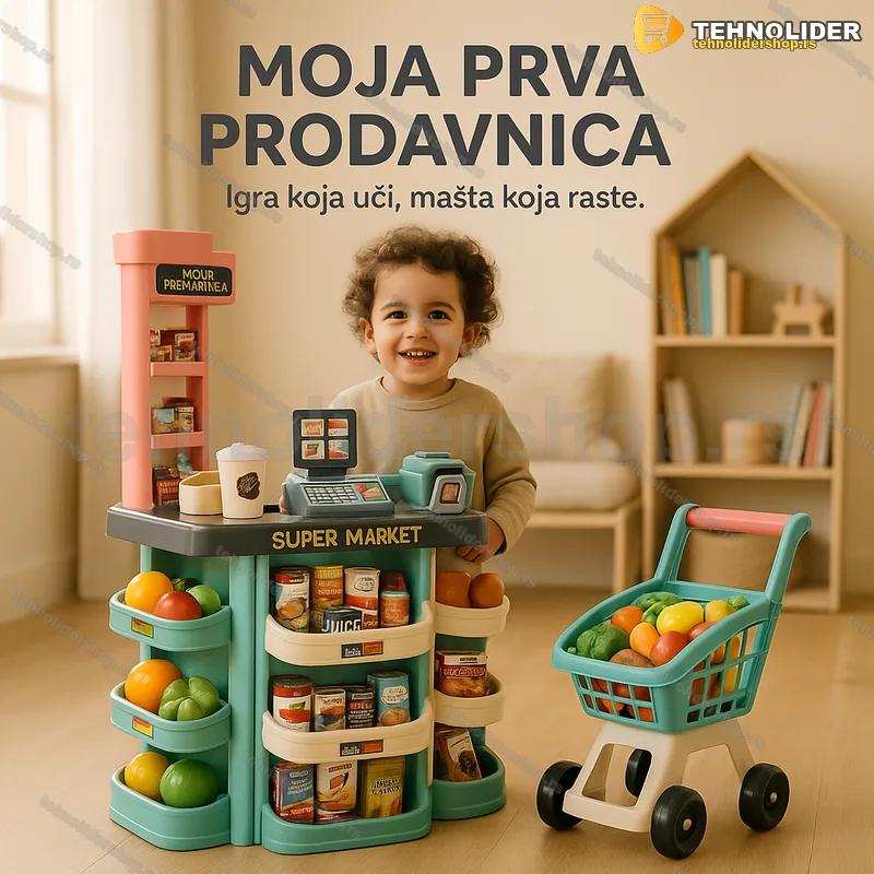 Set za igru prodavnice — dečiji supermarket sa kolicima, 47 delova Set za igru prodavnice — dečiji supermarket sa kolicima, 47 delova