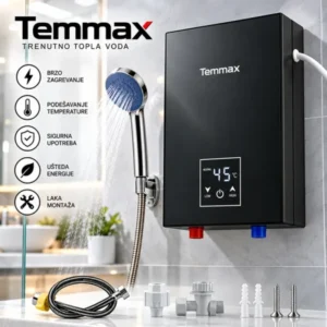 Temmax protočni bojler sa tušem i staklenim displejom 30–55 °C